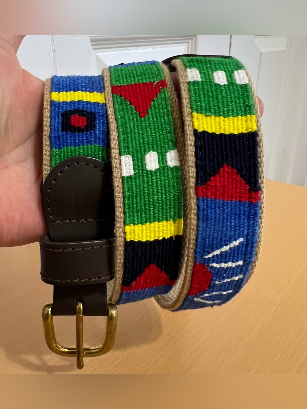 A TAIL WE COULD WAG Handmade Cotton Weave Belt Leather Trim Brass Buckle Size 38